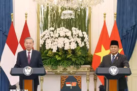Party General Secretary To Lam (L) and President of Indonesia and Chairman of the Great Indonesia Movement Party (Gerindra) Prabowo Subianto meet with the press. (Photo: VNA)