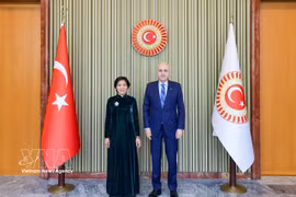 Speaker of the Turkish Grand National Assembly Numan Kurtulmuş (R) receives Vietnamese Ambassador to Türkiye Dang Thi Thu Ha (Photo: VNA)