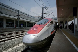 The Jakarta-Bandung high-speed train named 'Whoosh' is seen after the inauguration on Oct. 2, 2023, at Padalarang station in Padalarang, West Java. (Source: AFP)