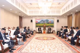 At the meeting between Vietnamese Deputy Minister of Foreign Affairs Nguyen Manh Cuong and Vilay Lakhamphong, Politburo member and Standing member of the Lao People's Revolutionary Party Central Committee’s Secretariat. (Photo: VNA)