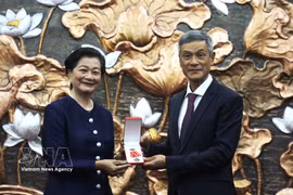 Vietnamese Ambassador to Cambodia Nguyen Minh Vu (R) presents the Friendship Order to former Cambodian Ambassador to Vietnam Chea Kimtha. (Photo: VNA)