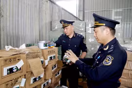 Customs officers of Huu Nghi International Border Gate (Lang Son province) check labels of imported goods at a warehouse in the border gate area. (Photo: VNA)