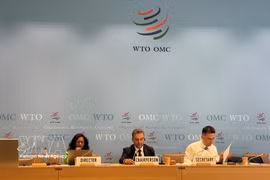 The Presidium at the recent formal meeting of the Committee of Participants on the Expansion of Trade in Information Technology Products. (Photo: VNA)