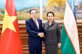 President of the Senate of Uzbekistan Tanzila Narbaeva (R) chairs a welcome ceremony for and holds talks with visiting National Assembly Chairman Tran Thanh Man. (Photo: VNA)