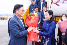 Chairwoman of the NA Committee for Science, Technology, and Environment Nguyen Thanh Hai (R) welcomes Speaker of the National Assembly of the Republic of Korea Woo Won Shik at Noi Bai International Airport. (Photo: VNA)