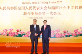 President of the National Assembly Tran Thanh Man (right) and Chairman of the Standing Committee of the National People’s Congress of China Zhao Leji at the first session of the Cooperation Committee between the two legislative bodies in Hanoi on August 31, 2025 (Photo: VNA)
