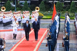 Vietnamese State President Luong Cuong (L) and Lithuanian President Gitanas Nauseda review the guard of honour at the welcome ceremony in Hanoi on June 12 morning. (Photo: VNA)