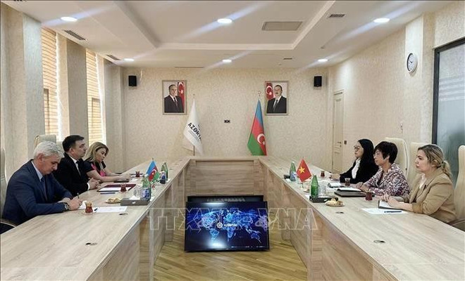 VNA General Director Vu Viet Trang (centre, right) and Chairman of the Board of the Azerbaijan State News Agency (AZERTAC) Vugar Alyev (centre, left) hold talks on May 8. (Photo: VNA) vna-general-director-vu-viet-trang.jpg