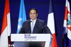 Prime Minister Pham Minh Chinh delivers a speech at the Blue Economy and Finance Forum hosted by the Principality of Monaco as part of the 3rd United Nations Ocean Conference (UNOC 3). (Photo: VNA)