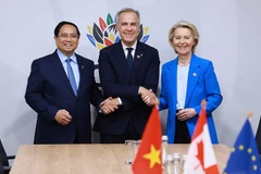 Vietnamese Prime Minister Pham Minh Chinh (L) meets with Canadian PM Mark Carney (C) and President of the European Commission (EC) Ursula von der Leyen. (Photo: VNA)