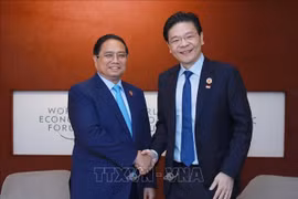 Prime Minister Pham Minh Chinh (L) and his Singaporean counterpart Lawrence Wong in Tianjin on June 25 (Photo: VNA)