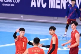 The Vietnamese men's volleyball team compete at the AVC Nations Cup in Bahrain. (Photo baovanhoa.vn)
