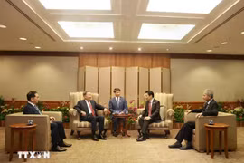 Party General Secretary To Lam (second, left) meets with Singaporean Prime Minister and Secretary-General of the People's Action Party (PAP) Lawrence Wong (second, right). (Photo: VNA)