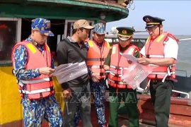 Officers and soldiers of the Ninh Binh Border Guard Command, in coordination with the provincial Sub-Department of Fisheries and the Department of Agriculture and Rural Development, disseminate anti-IUU fishingrules to fishermen working at sea. (Photo: VNA)