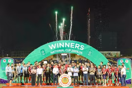 Hanoi Police celebrate their win at the National Cup (Photo courtesy of VFF)