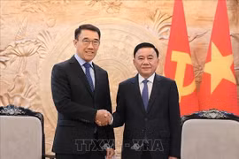 Politburo member, Permanent member of the Communist Party of Vietnam (CPV) Central Committee’s Secretariat Tran Cam Tu (R) receives Acting Chairman of the Commission for External Relations of the Lao People's Revolutionary Party (LPRP) Central Committee Bounleua Phandanouvong. (Photo: VNA)