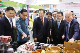 Vietnamese and Lao trade officials, along with other delegates, visit the Vietnamese pavilion at the trade fair. (Photo: VNA)