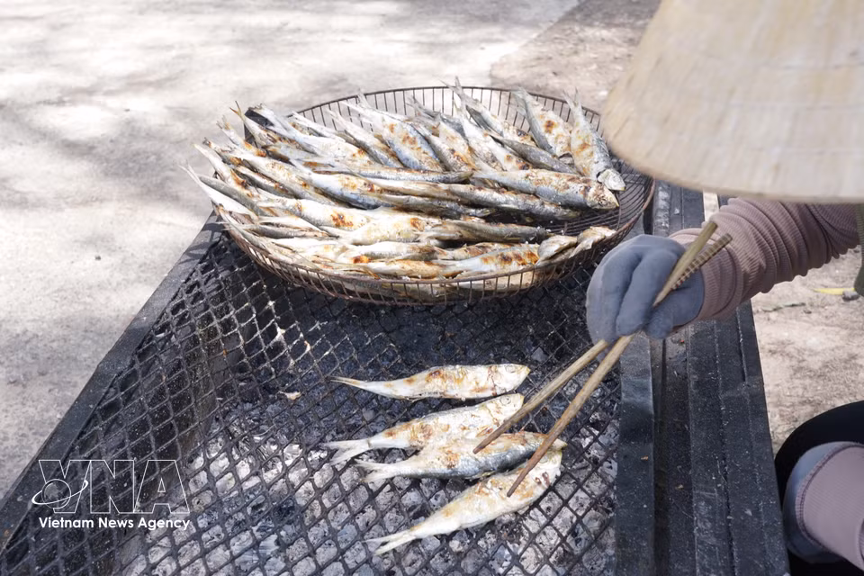 Freshly caught herring are cleaned, placed on grills and cooked over charcoal fires right on the beach. (Photo: VNA)