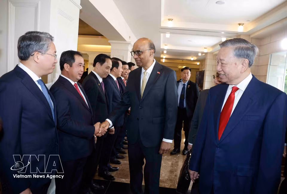 Party General Secretary and State President To Lam introduces members of the high-level Vietnamese delegation attending the welcoming ceremony to Singaporean President Tharman Shanmugaratnam. (Photo: VNA)