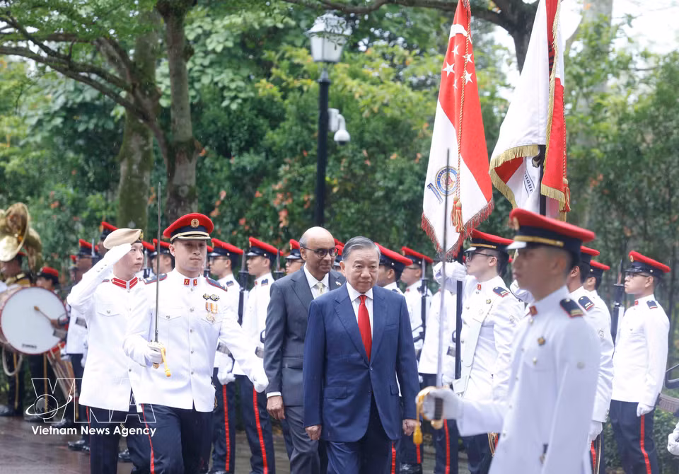Party General Secretary and State President To Lam and Singaporean President Tharman Shanmugaratnam review the Guard of Honour. (Photo: VNA)