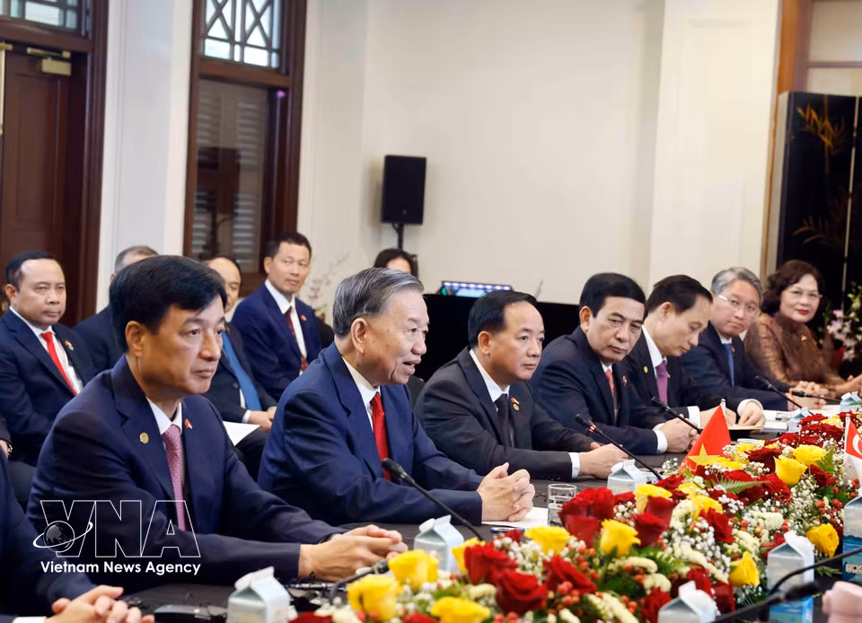 Party General Secretary and State President To Lam speaks at the talks with Singaporean Prime Minister Lawrence Wong. (Photo: VNA)