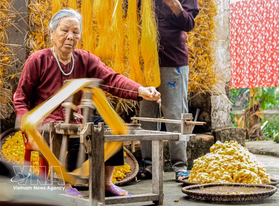 Each worker can produce only around 70-100 grammes of silk per day, as the process requires great precision and patience. (Photo: VNA)