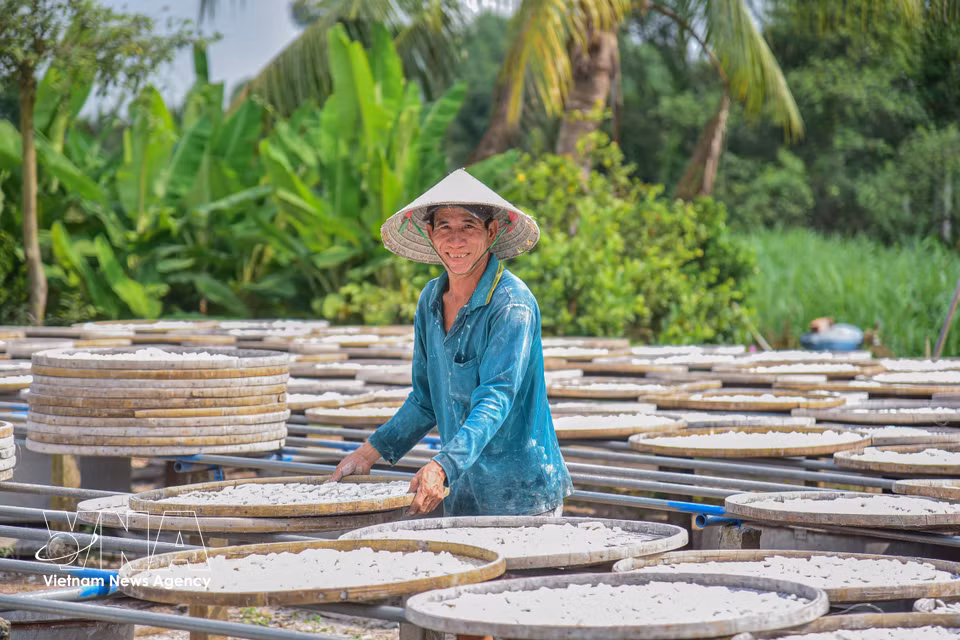 A worker dries rice flour under the harsh sun. (Photo: VNA)