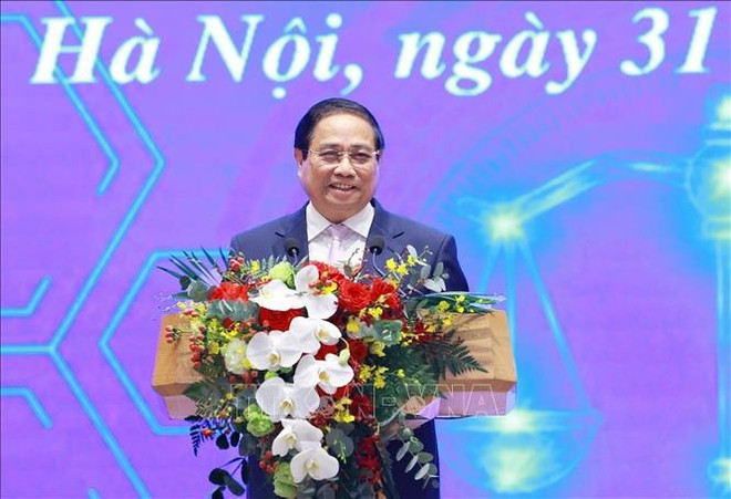 Prime Minister Pham Minh Chinh addresses the launch of National Legal Portal. (Photo: VNA) national-legal-portal-1.jpg