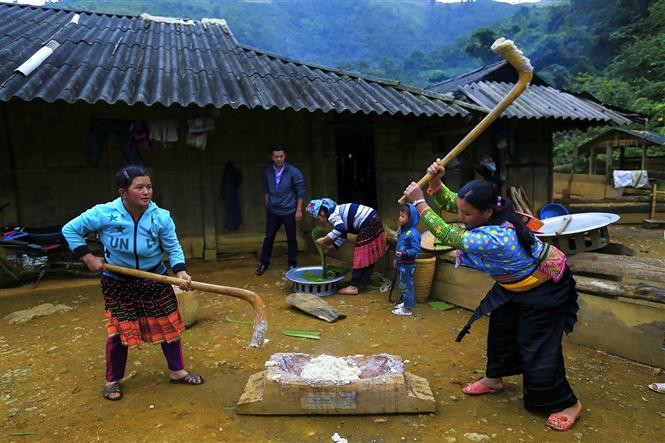 Pounding rice for round cake making (Photo: VNA)