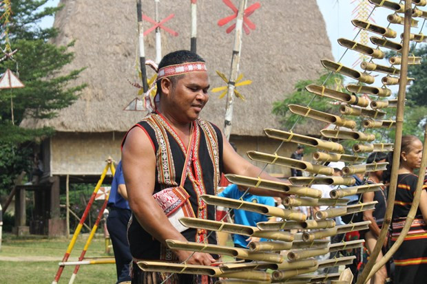 T’rung is one of the popular musical instruments closely associated with the spiritual life of the Ba Na ethnics as well as Giarai, Ede and other ethnic minority groups in the Central Highlands of Vietnam. It is made of short bamboo tubes differing in size, with a notch at one end and a beveled edge at the other. The long big tubes give off low-pitched tones while the short small ones produce high-pitched tones. The tubes are arranged lengthwise horizontally and attached together by two strings. T'rung is often played after back-breaking farm work and during evening get-togethers in the communal house around a bonfire with young boys and girls singing and dancing merrily. The sounds of the gong and T'rung also mingle together at wedding parties and village festivals. (Photo: VietnamPlus)