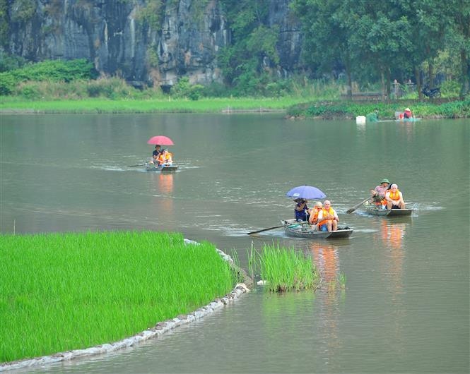 Foreign tourists on boats drifting on romantic river (Photo: VNA)