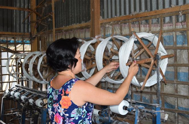 Up til now, there have some 50 local households preserving the traditional trade with about 150 looms being capable of weaving up to 60 items per day for each (Photo: VNA)