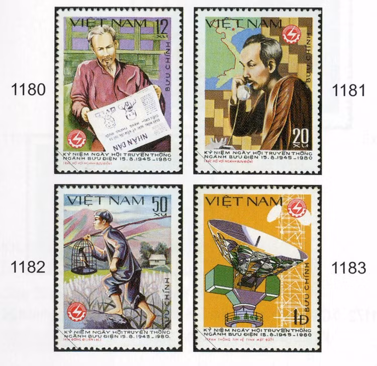A stamp collection marking the 35th anniversary of the Post sector establishment (August 15, 1945 – August 15, 1980) was designed by artists Tran Huy Khanh (1180), Tran Ngoc Uyen (1181), Nguyen Hiep (1182) and Tran Luong (1183). (Photo: VNA)