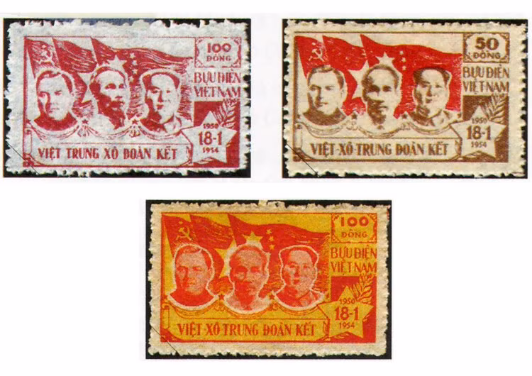 A stamp collection marking the Vietnam-Soviet-Sino friendship month designed by artist Tran Dinh Tho was issued in 1954. (Photo: VNA)