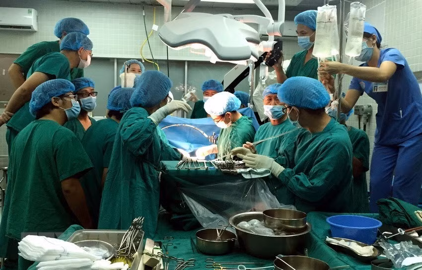 Physicians perform transnational organ transplants with organs from a brain-dead donor in Cho Ray Hospital (Ho Chi Minh City), bringing life to two liver-failure and heart-failure patients in Vietnam - Germany Hospital (Hanoi), 2015. (Photo: Published by VNA)