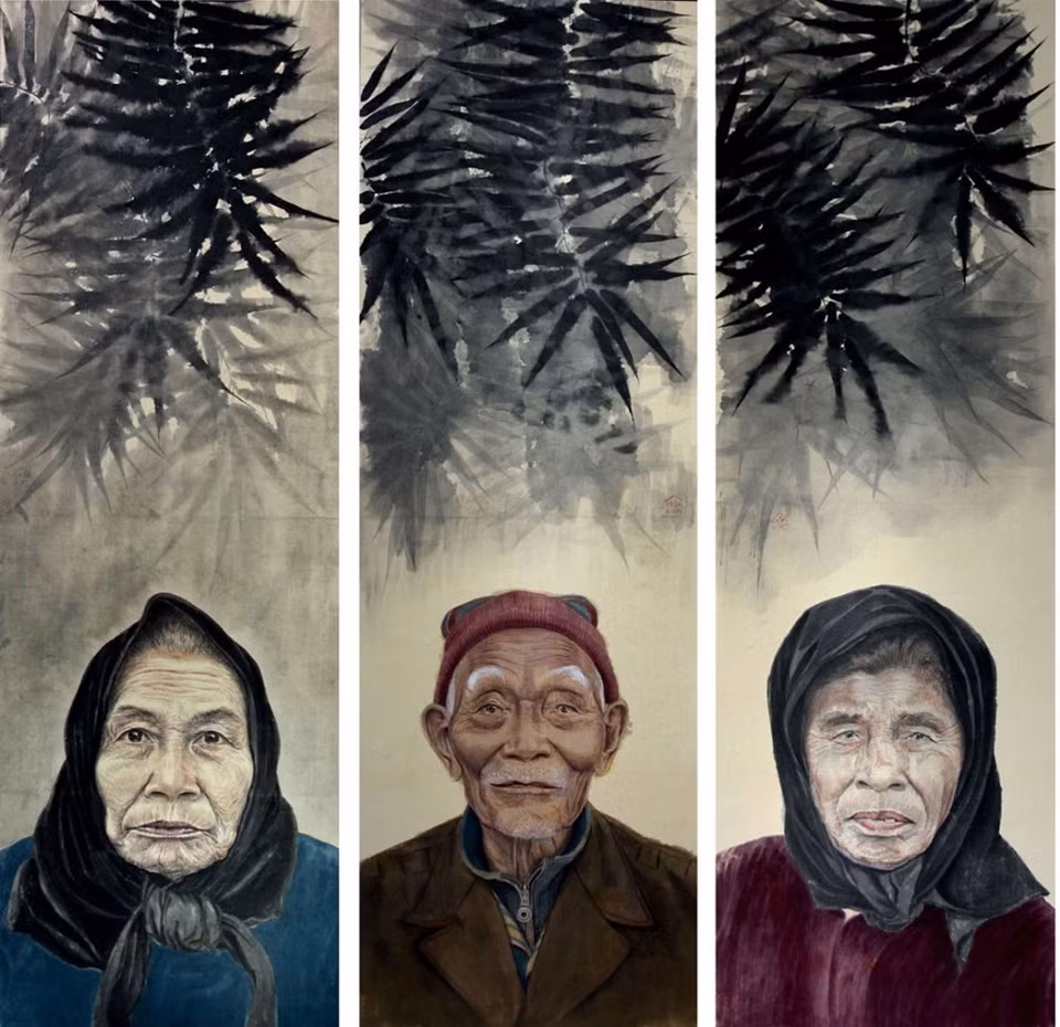 Nguoi o lang (Villagers) - a do paper painting by Tran Hoang Son (Photo: organising board)