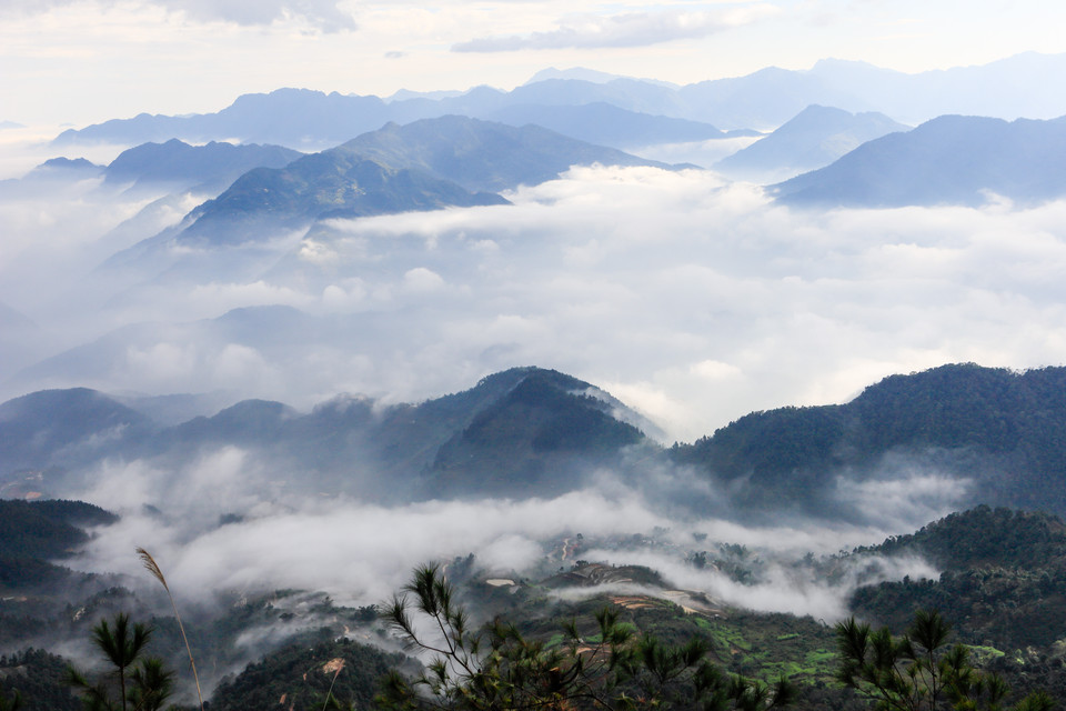 Steep mountain slopes like dinosaur spines loom in a sea of floating clouds on the Ta Xua Mountain Range. (Photo: VNP)