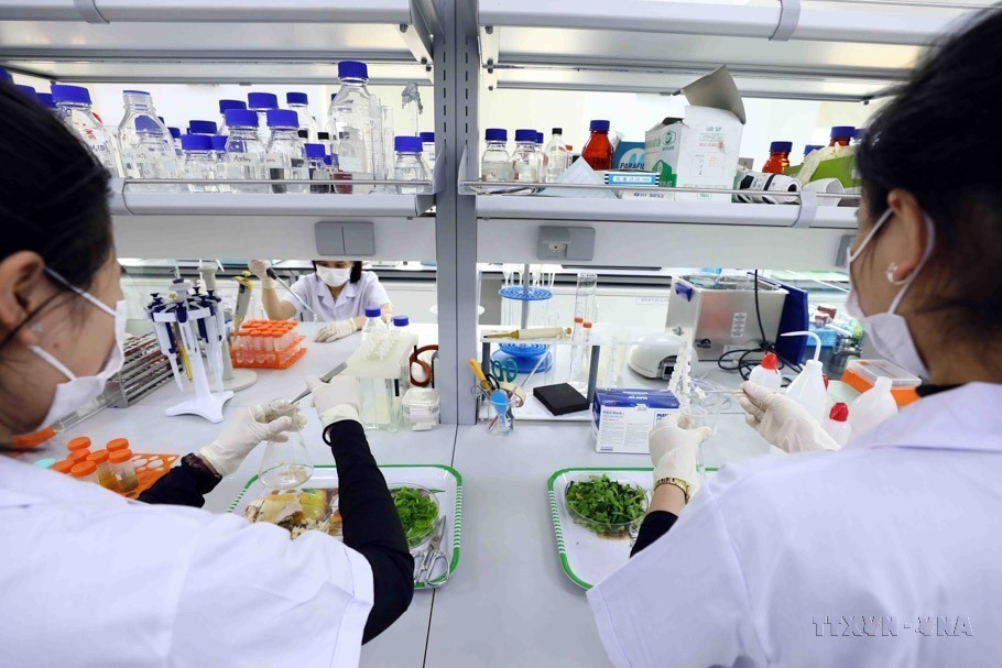 Female officers and soldiers from the Security Technical Department (Guard Command, Ministry of Public Security) collect samples to ensure the safety of food and drinking water. (Photo: VNA)