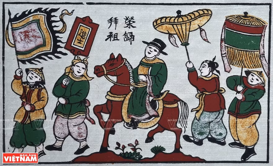 'Returning Home to Pay Gratitudeto Ancestors After Achieving Academic Honor' is among popular Dong Ho paintings (Photo:VNA/VNP)