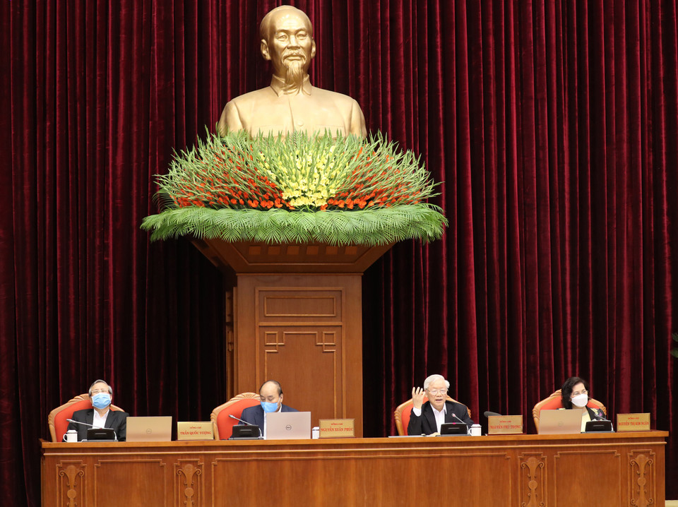 Party General Secretary and State President Nguyen Phu Trong presides over the national cadres conference to discuss the COVID-19 fight on April 23, 2020. Earlier, on March 30, 2020, he issued a call for compatriots, comrades and soldiers nationwide and overseas Vietnamese to stay united in their will and actions in the fight against the COVID-19 pandemic and effectively to implement the guidelines of the Party and State, the direction of the Government and the Prime Minister to ensure the victory of the COVID-19 pandemic. (Photo: VNA)