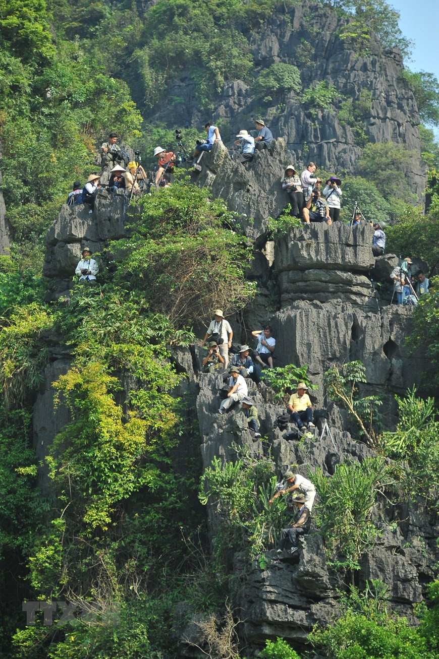 Visitors attending a photo tour climb the mountain to find the perfect shot (Photo: VNA)