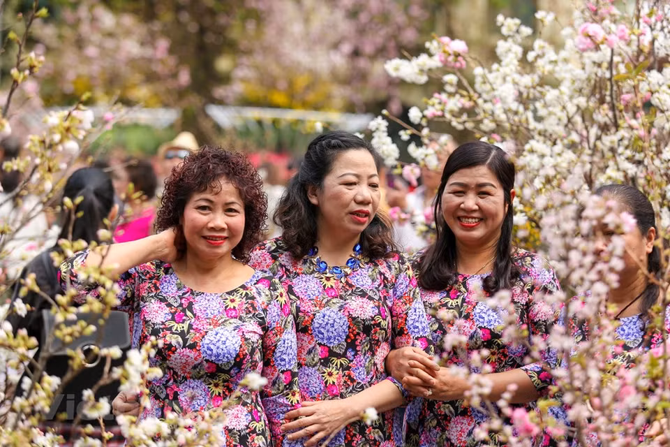 Many people dresses coulourfully and take pictures at the festival (Photo: VNA)