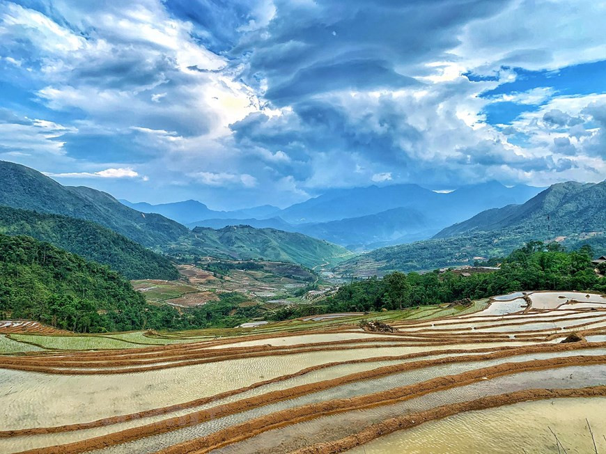 Y Ty belongs to Bat Xat district, Lao Cai province. The season of watering starts from May to June. Lying at an altitude of nearly 2,000 m above sea level, Y Ty year-round white mist is covered with fog. But every season of rice, the whole region suddenly awakened by the yellow color of the terraced fields. As locals transplant rice seedlings, visitors are treated to the sight of glittering ponds. After that, the hills are covered by green. Terraced rice fields lay at the foot of Fansipan Mountain in Y Ty in the northern mountainous province of Lao Cai of Vietnam. (Photo: Vietnamplus) 