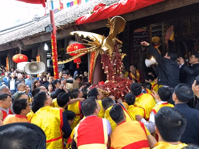 The firecrackers were carried through the main road in the village by 300 men who are less than 50 years old. (Photo: VNA) 