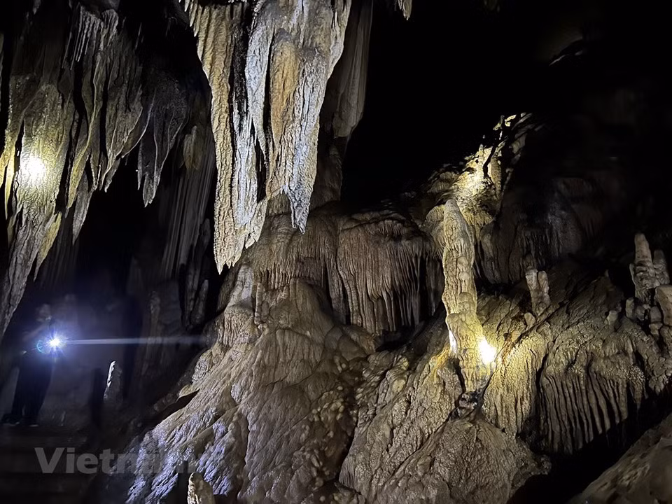 Visitors to Nam Son Cave are greeted with breathtaking scenes. There are a wide range of beautiful stalactites and stalagmites inside the cave. Nam Son cave was likely formed due to volcanic eruptions and the tectonics of limestone mountains and underground rivers that caused erosion. Water droplets of limestone minerals dripped for millions of years. Nam Son cave, 1,000 metres above sea level, is located in Ton hamlet, Nam Son commune, Tan Lac district, about 25 kilometres to the south of the northern province of Hoa Binh. Nam Son cave, or Ton cave, was discovered in January 2004 but today it remains relatively untouched as the government has yet to develop plans for the site. (Photo: VietnamPlus)