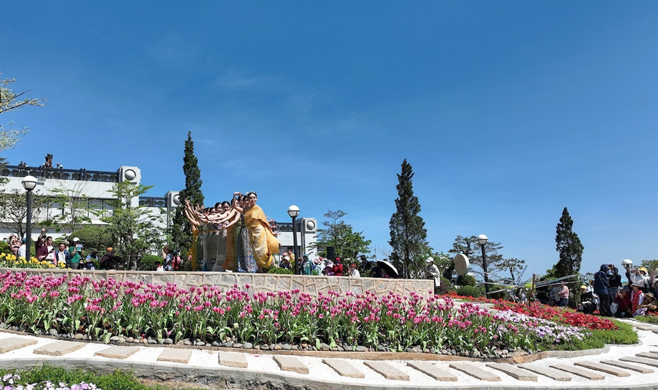 The beauty of the tulips are combined with artistic performances on Ba Den Mountain. (Photo: VNA)