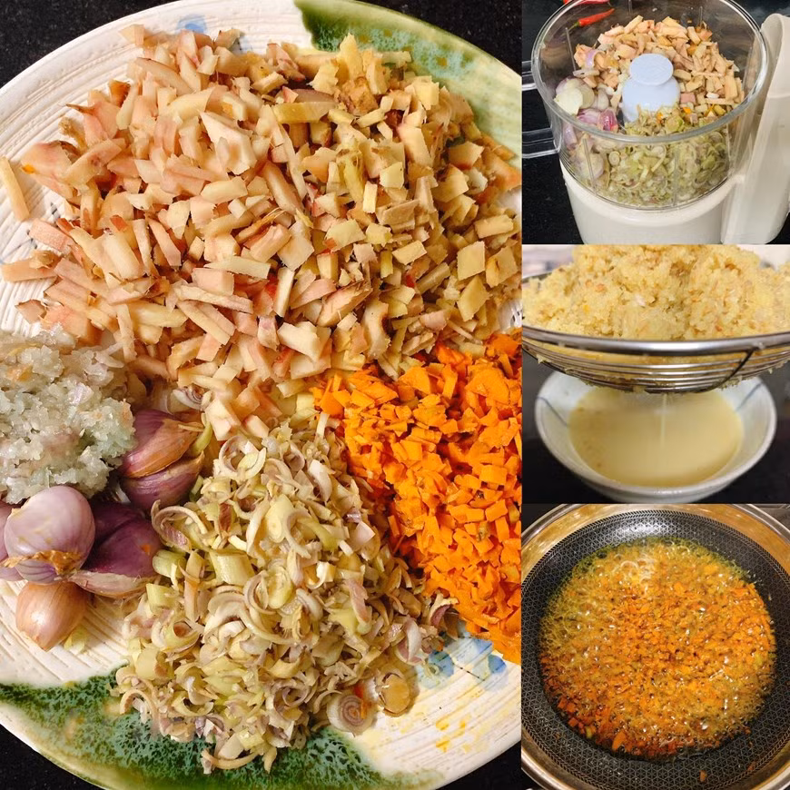 Prepare ingredients for marinating the fish: - Finely chop turmeric tubers, lemongrass stalks, lesser galangal tubers and shallot bulbs - Grind lemongrass and shallot with some freshwater and squeeze the liquid out - Stir-fry turmeric with pork fat as natural food color (Photo: Dau Dau/Vietnam+)