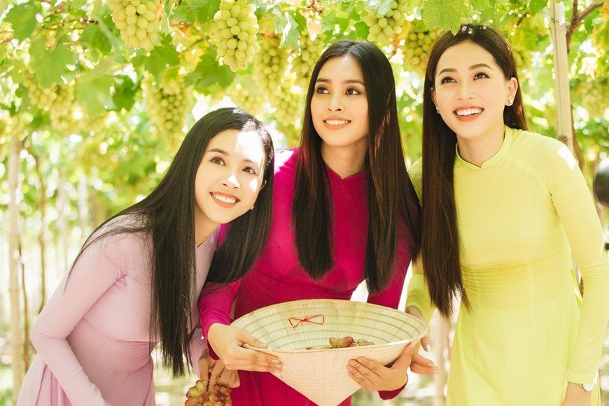 Miss Tieu Vy (centre), first runner-up Phuong Nga (right) and second runner-up Thuy An (left) join Ninh Thuan Grape and Wine Festival 2019 that takes place in Phan Rang-Thap Cham city and six districts in the province from April 26 to May 2 (Photo: VNA)