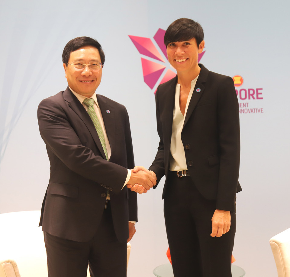 Deputy PM and Foreign Minister Pham Binh Minh meets Norwegian Foreign Minister Eriksen Søreide on August 2 (Photo: VNA)