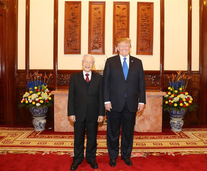 Party General Secretary and State President Nguyen Phu Trong hosts a reception for US President Donald Trump in Hanoi, February 27, 2019 (Photo: VNA)